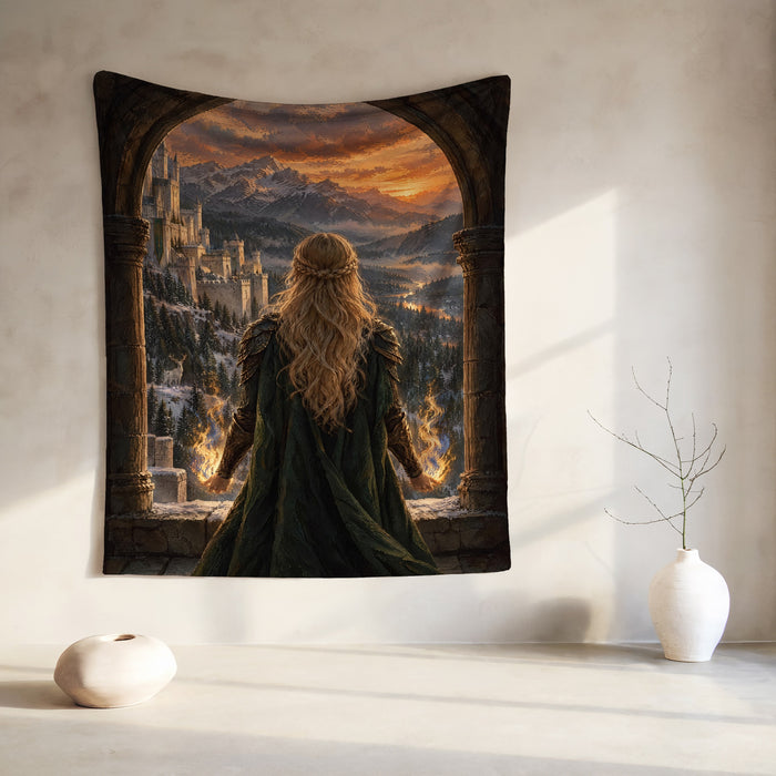 Aelin on the Walls of Orynth Velveteen Plush Blanket hanging on a wall