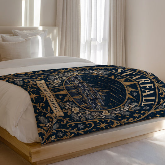 Starfall City of Starlight Crest Velveteen Plush Blanket on a bed