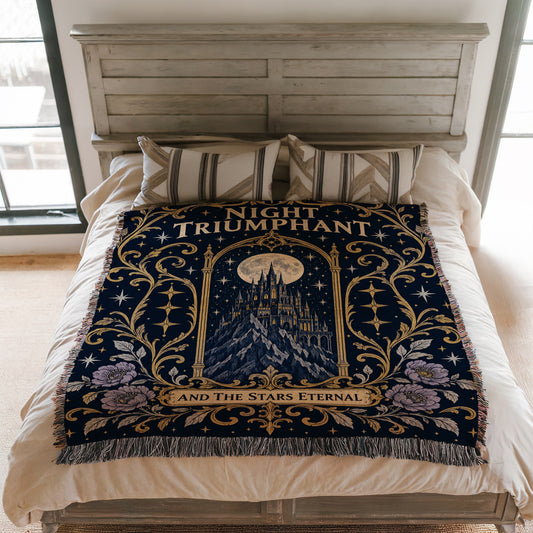 Night Triumphant Crest Woven Throw Blanket on a bed