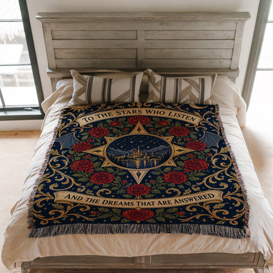 To The Stars Who Listen Rose Crest Woven Throw Blanket on a bed
