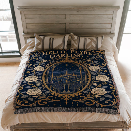 Hello Feyre Darling Crest Woven Throw Blanket on a bed