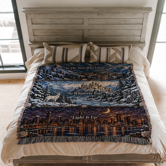 Winter Maasverse Stained Glass Woven Throw Blanket on a bed
