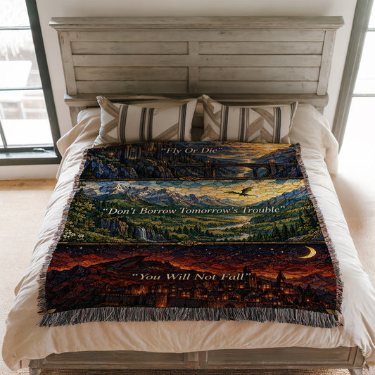 Empyrean Stained Glass Woven Throw Blanket on a bed