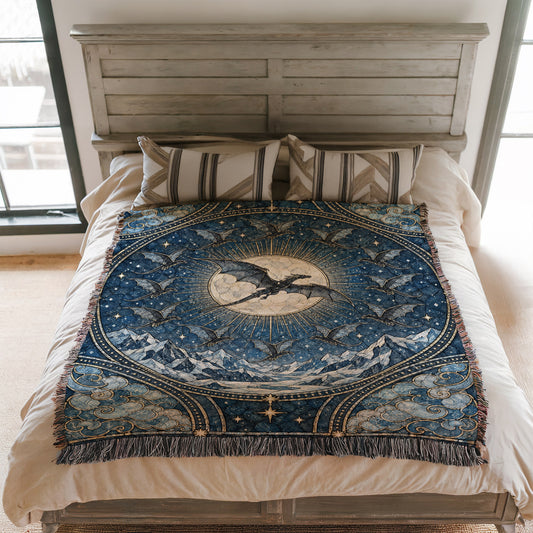 The Thirteen Stained Glass Woven Throw Blanket on a bed
