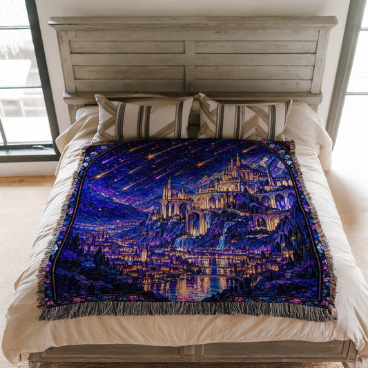Starfall over Velaris Stained Glass Woven Throw Blanket on a bed