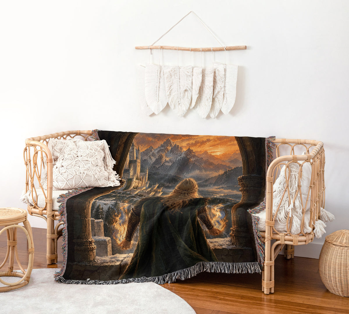 Aelin on the Walls of Orynth Woven Throw Blanket on a rattan chair