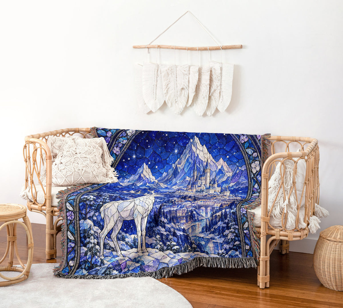 Orynth in Winter Stained Glass Woven Throw Blanket on a rattan chair