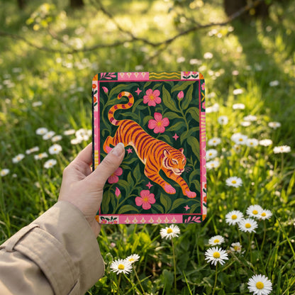 Illustration of a tiger with pink flowers on a dark green background held in a hand.