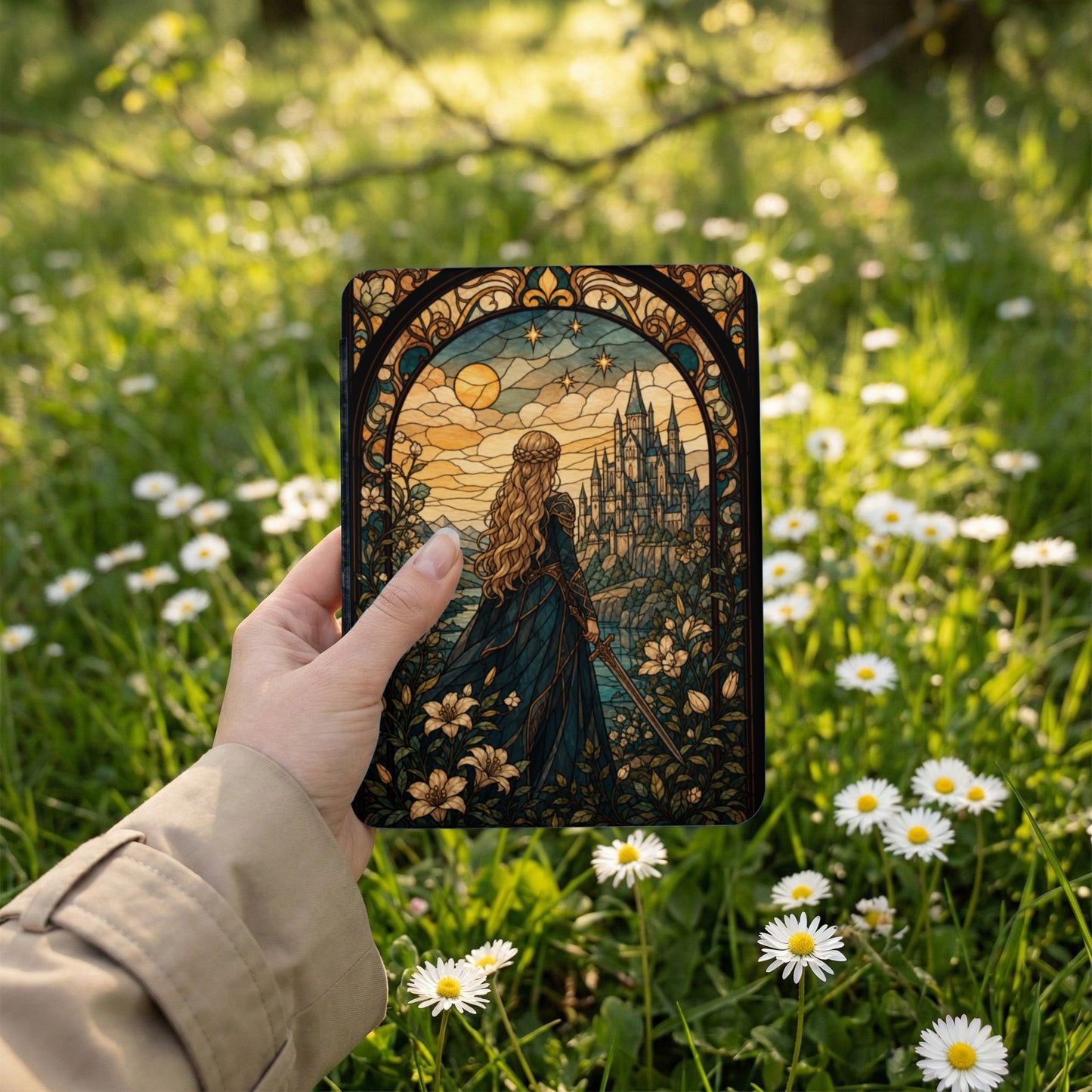 Stained glass art depicting a woman in a blue dress facing a castle.