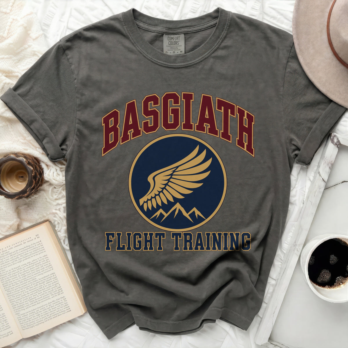 Basgiath Flight Training t-shirt with a winged emblem.
