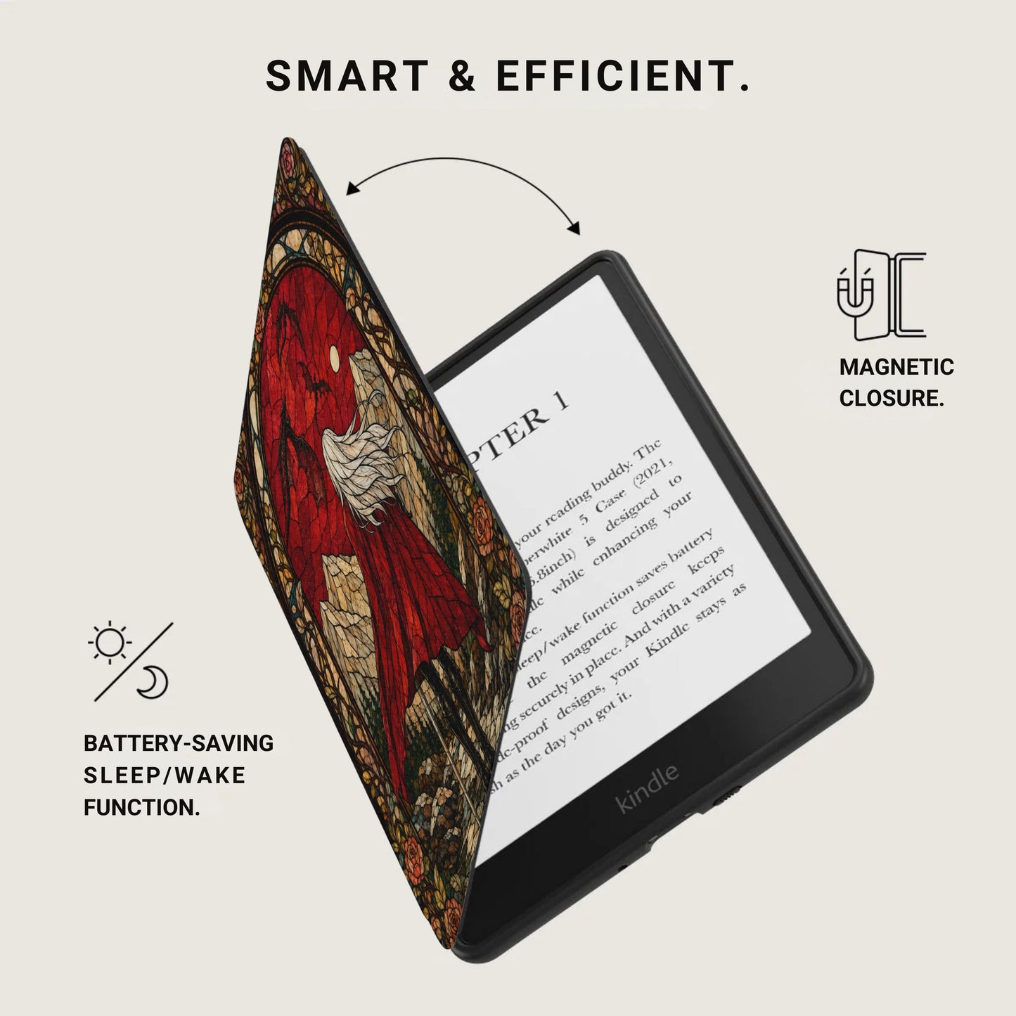 Kindle with stained glass design case, magnetic closure, and battery-saving function.
