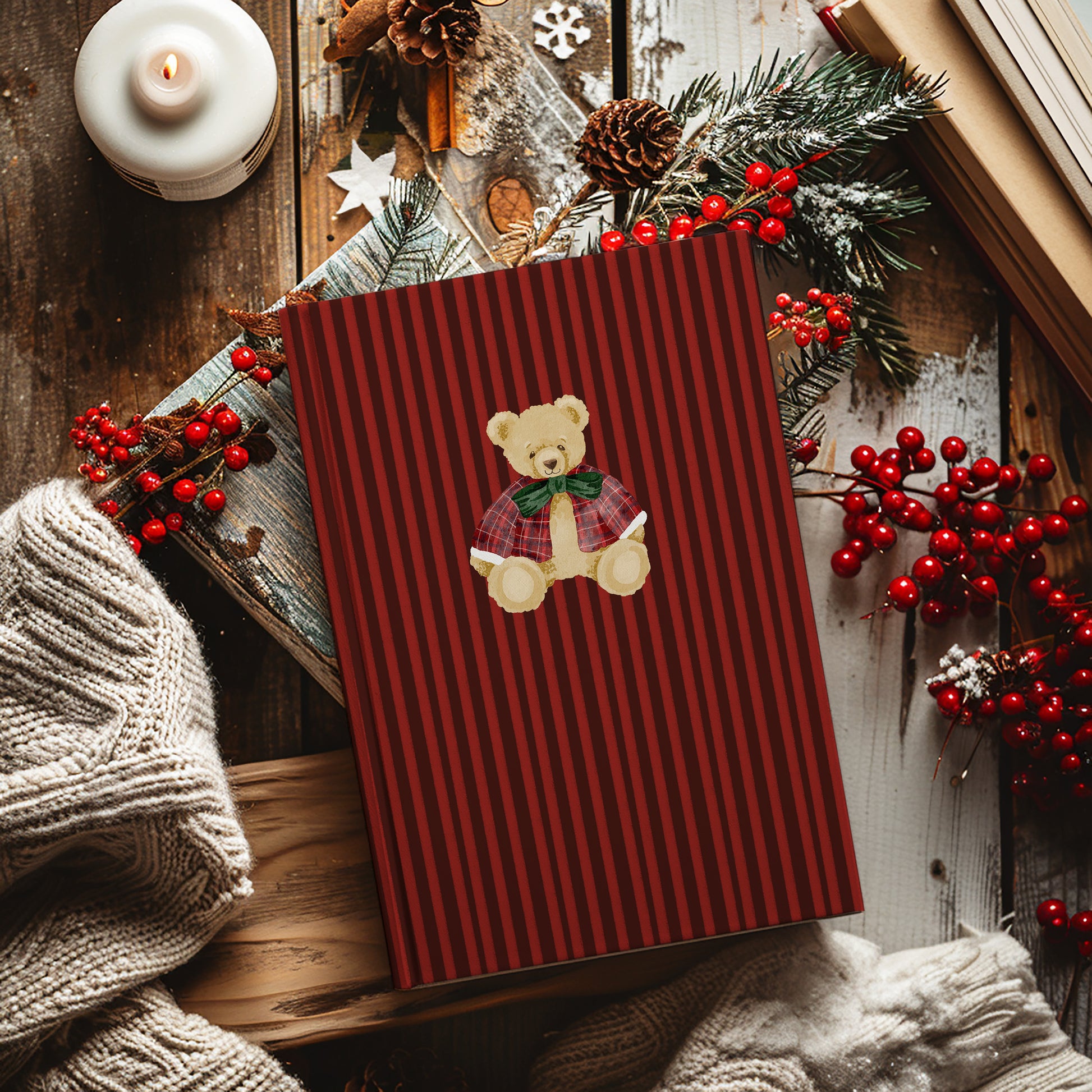 Festive Teddy Bear and Stripes Design Book Cover