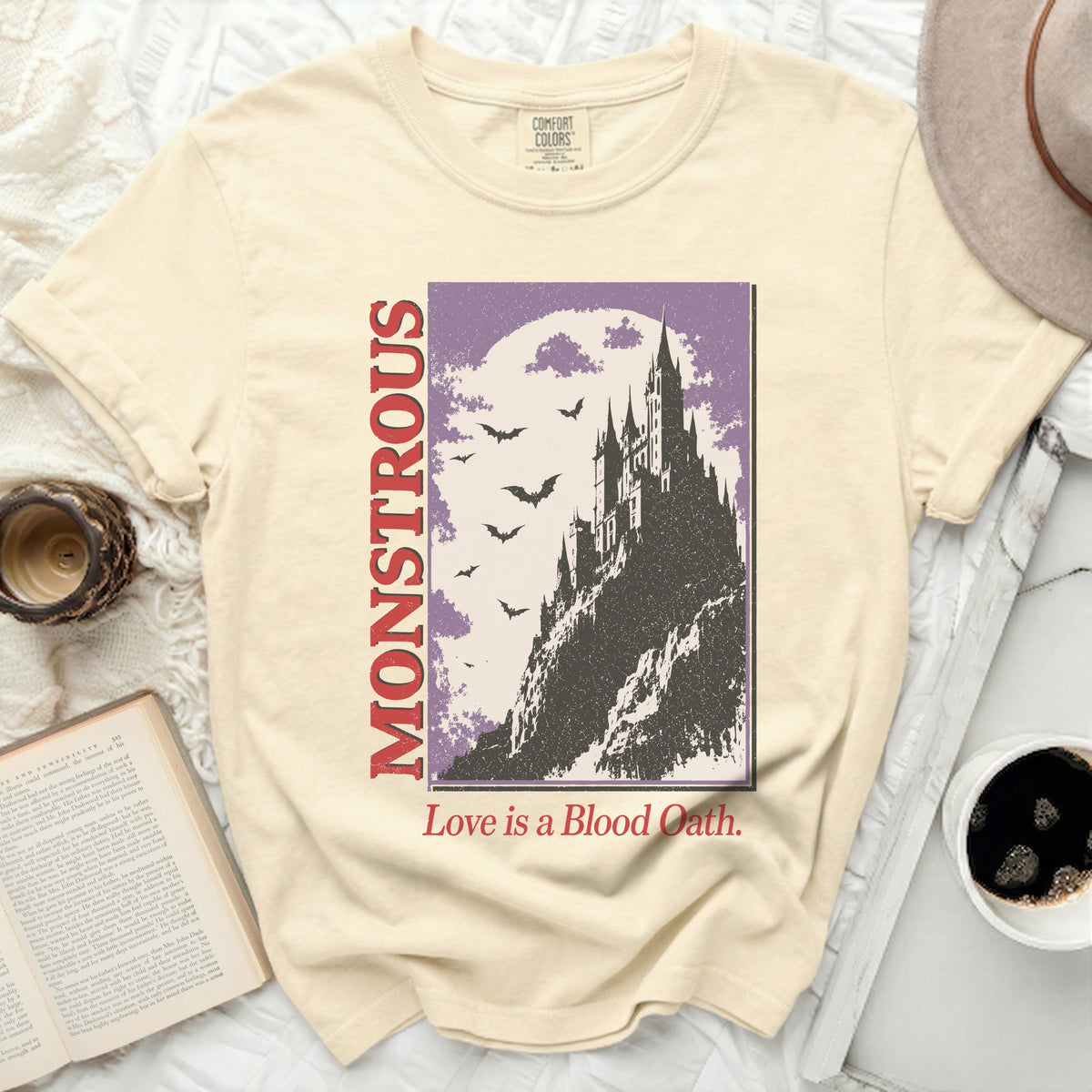 Comfort Colors t-shirt with "Monstrous" and castle graphic, "Love is a Blood Oath."