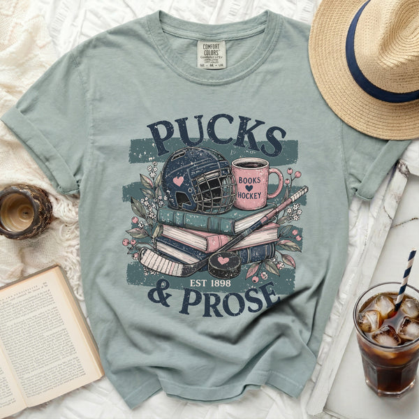 Pucks & Prose Literary Hockey Tee in Bay