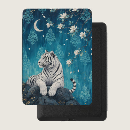 White tiger on rock with moon and floral design on dark blue background