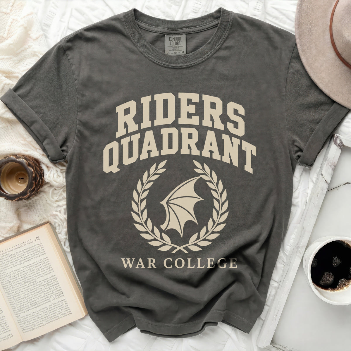 Dark grey t-shirt with "Riders Quadrant War College" text and a winged emblem.