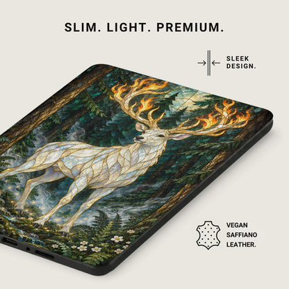A white stag with fiery antlers walks through a misty forest with a stained-glass effect.
