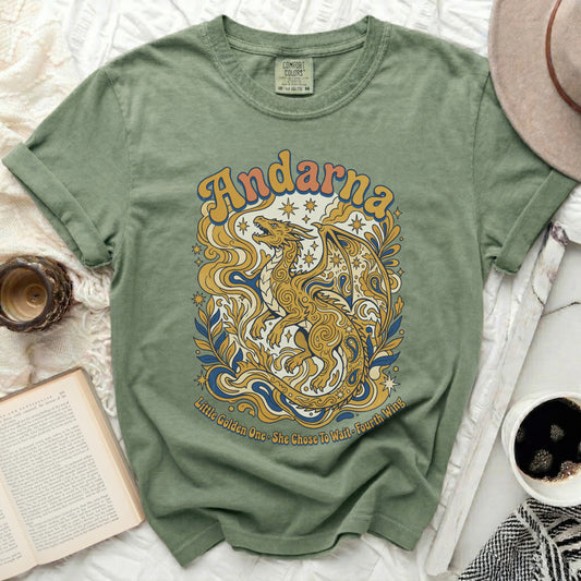 Green t-shirt with "Andarna" and dragon design, "Little Golden One. She Chose To Wait. Fourth Wing."