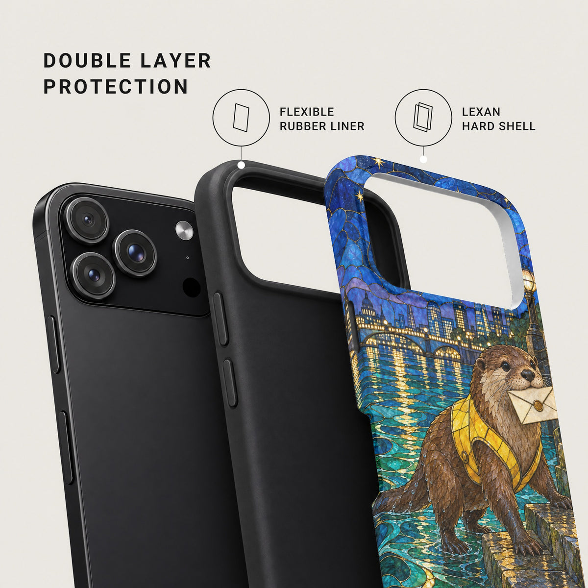 Exploded view showing double layer phone case construction with a flexible rubber liner and Lexan hard shell.