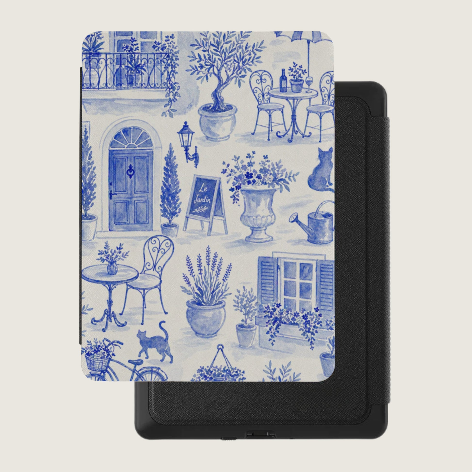 Blue and white watercolor scene of a French garden with tables, chairs, and a bicycle.