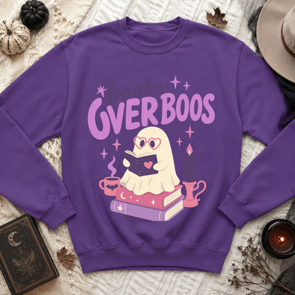 Purple sweatshirt with "Books Over Boos" text and a reading ghost graphic.