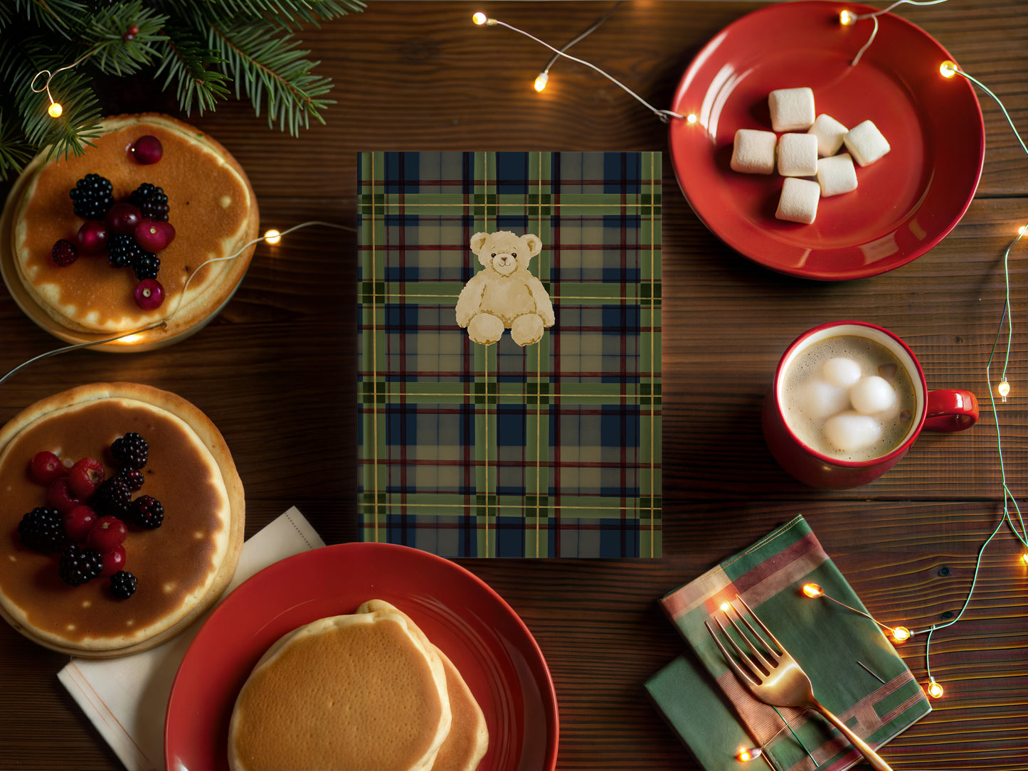 Festive Teddy Bear Hardcover Notebook with Plaid Design