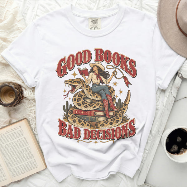 Good Books Bad Decisions Tee in White