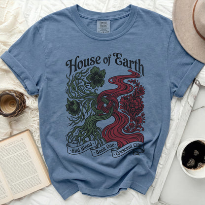 Blue t-shirt with "House of Earth and Blood Crescent City" design.