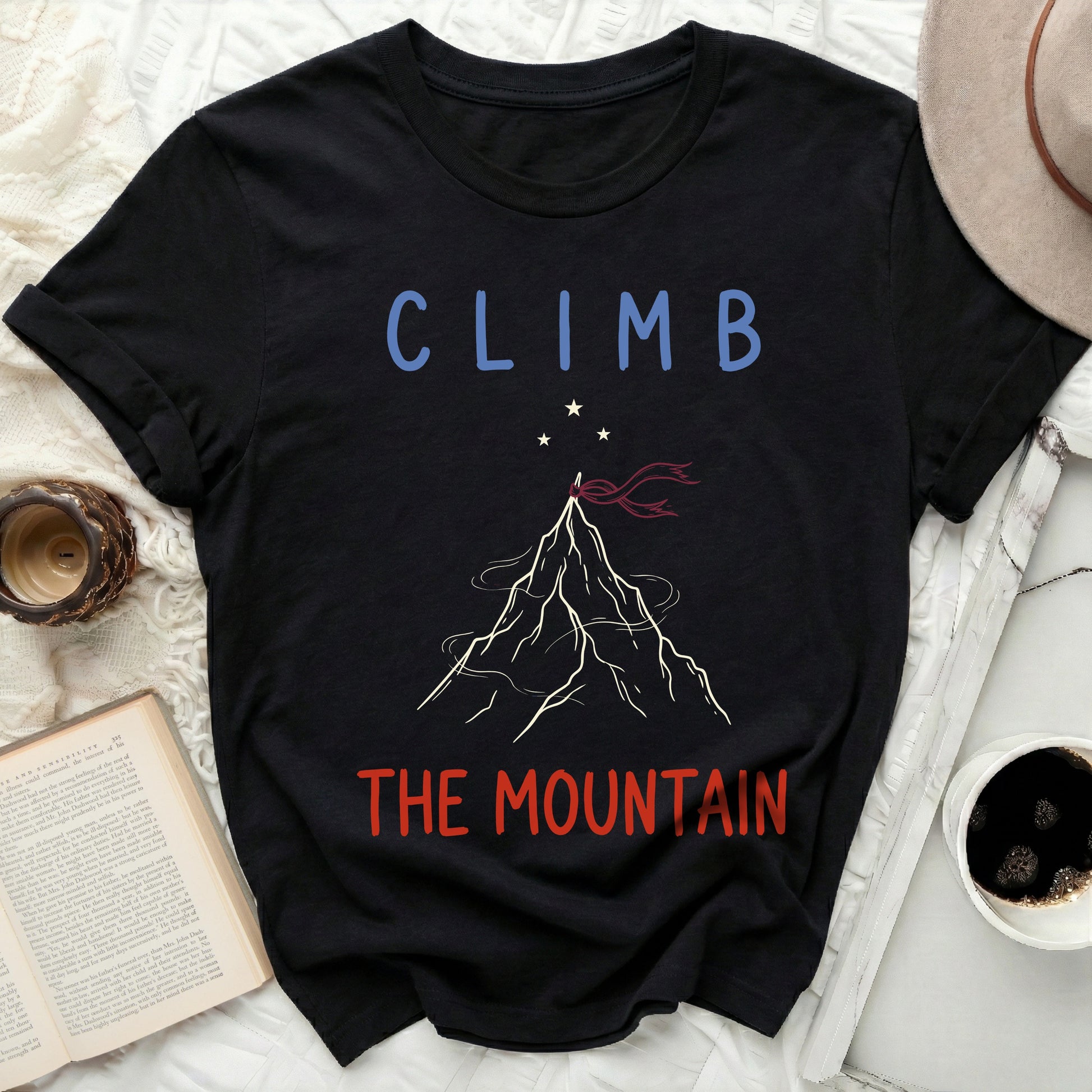 CLIMB THE MOUNTAIN Adventure Peak Exploration product type
Climb, Mountain, Adventure, Nature, Outdoors, Hiking, Peak, Explorer, Summit, Stars, Flag, Motivational, Inspirational, Travel, GraphicTee, BlackShirt, Tshirt, Apparel, Tee, Ascend