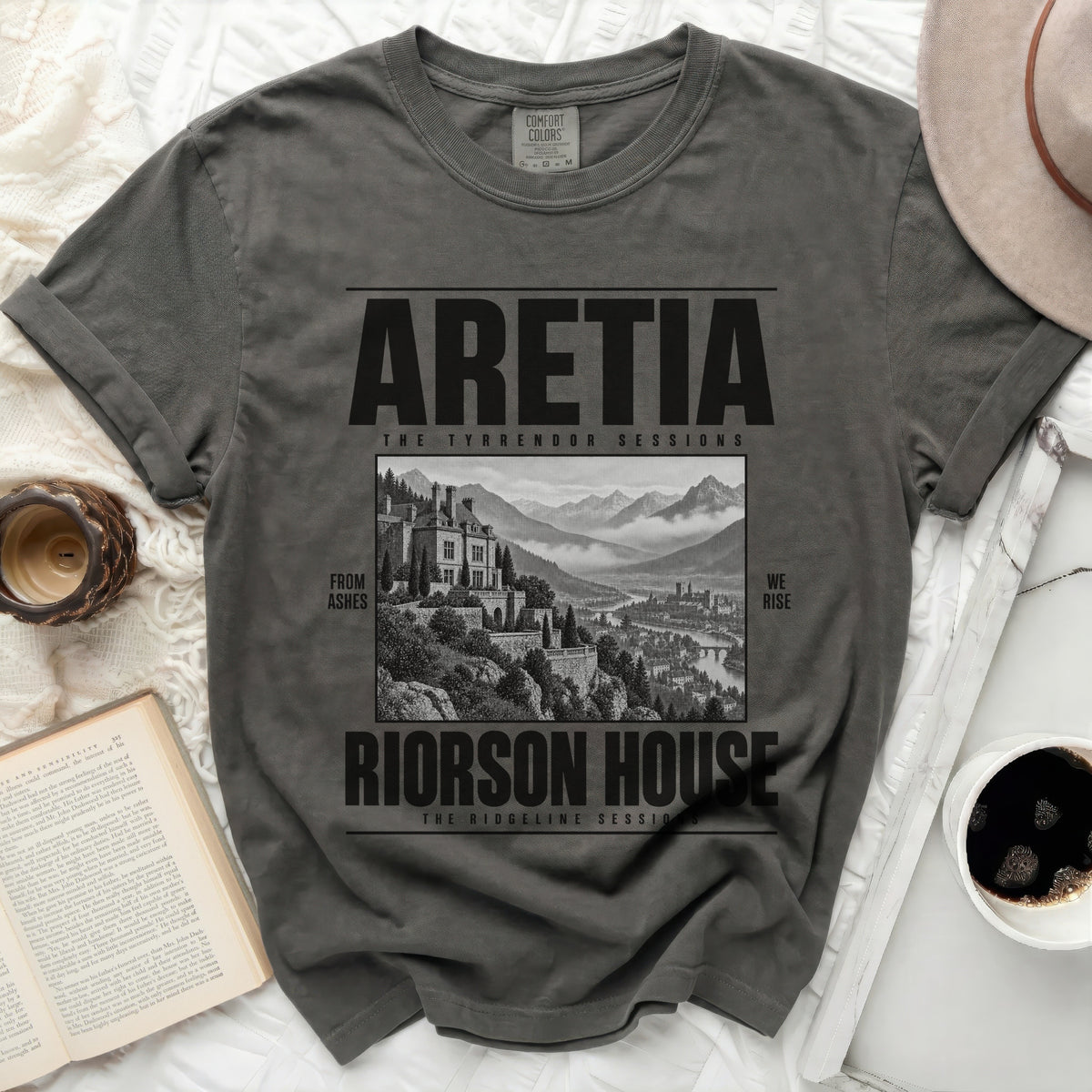 Grey t-shirt with "ARETIA" and "RIORSON HOUSE" text and a castle graphic.