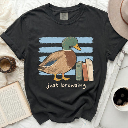 Black t-shirt with a mallard duck illustration and "just browsing" text.