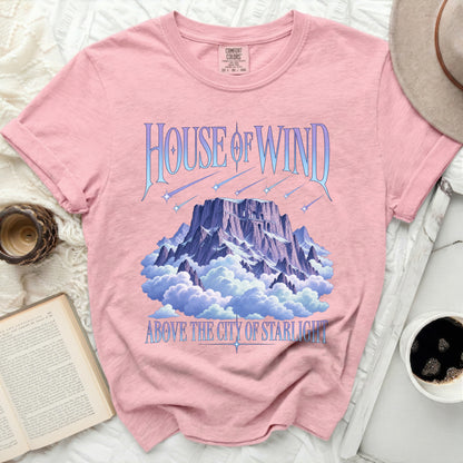 Pink t-shirt with "House of Wind Above the City of Starlight" graphic.