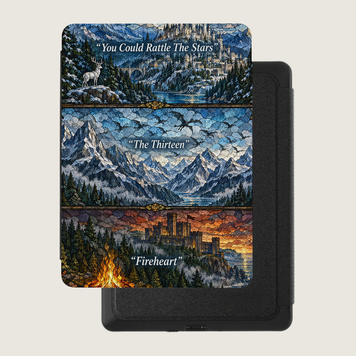 Black e-reader inside a protective case featuring a stained glass fantasy art design with three panels.