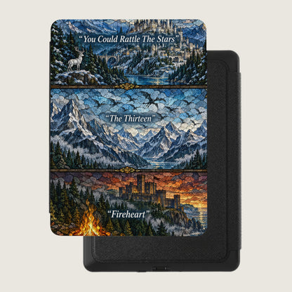 Black e-reader inside a protective case featuring a stained glass fantasy art design with three panels.
