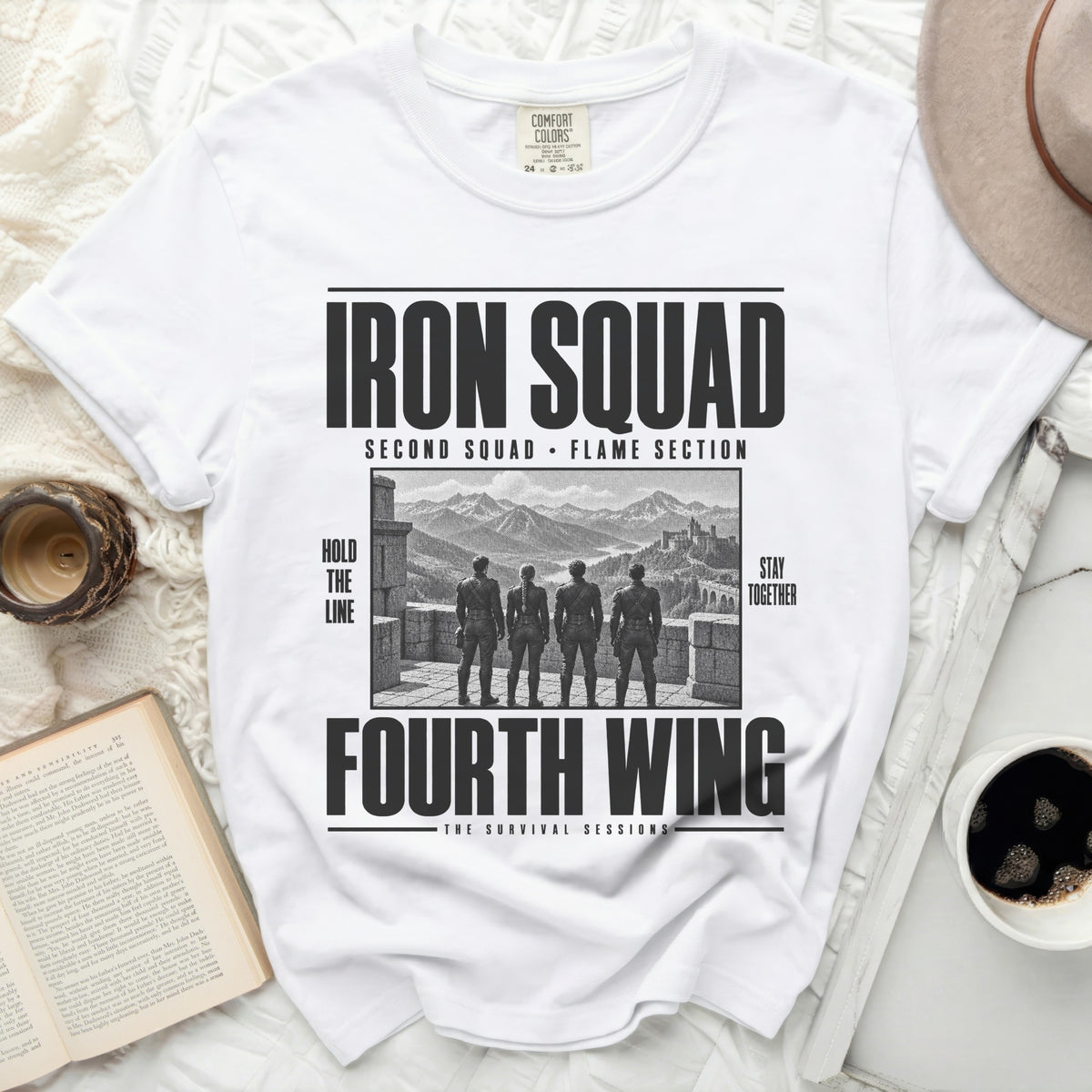 White t-shirt with "Iron Squad Second Squad Flame Section Fourth Wing The Survival Sessions" text.