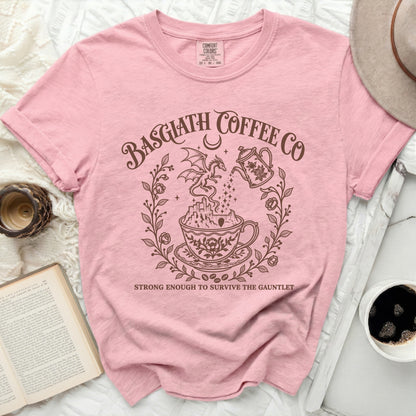 Pink t-shirt with "Basgiath Coffee Co" and dragon design, "Strong Enough to Survive the Gauntlet".