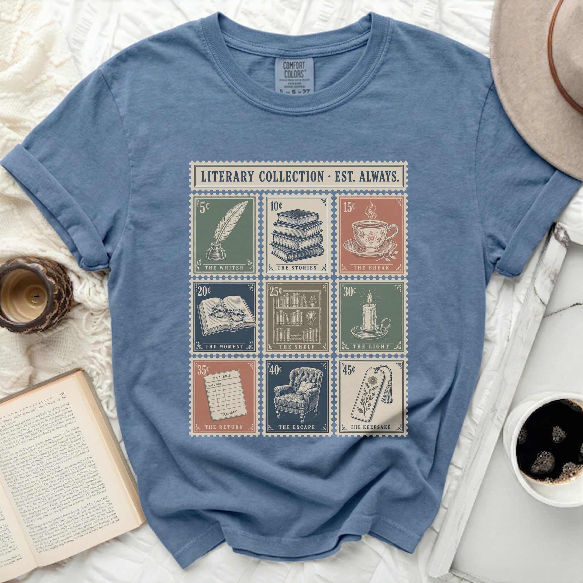 T-shirt with vintage postage stamps featuring literary themes.
