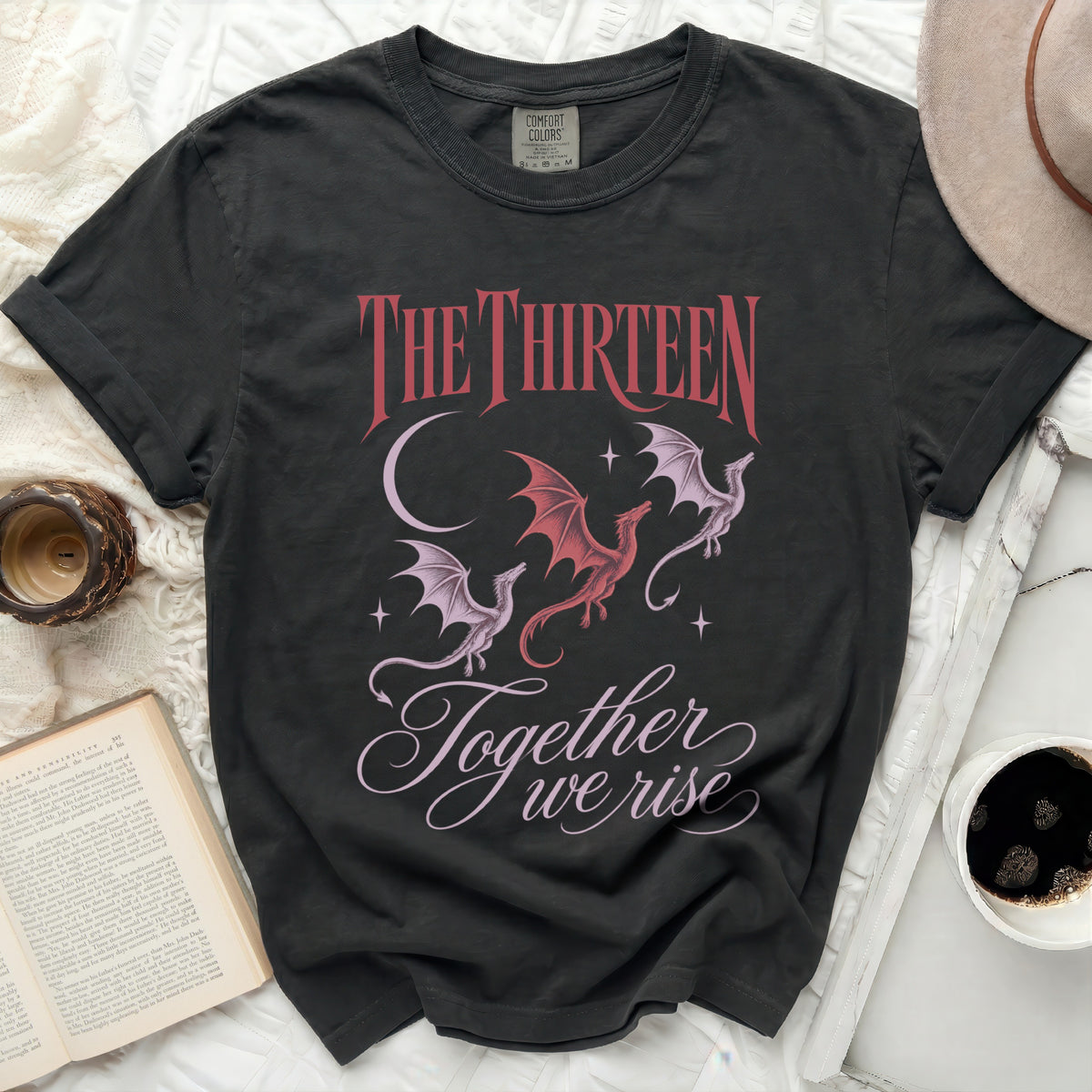 Dark t-shirt with dragons and text "The Thirteen Together we rise"