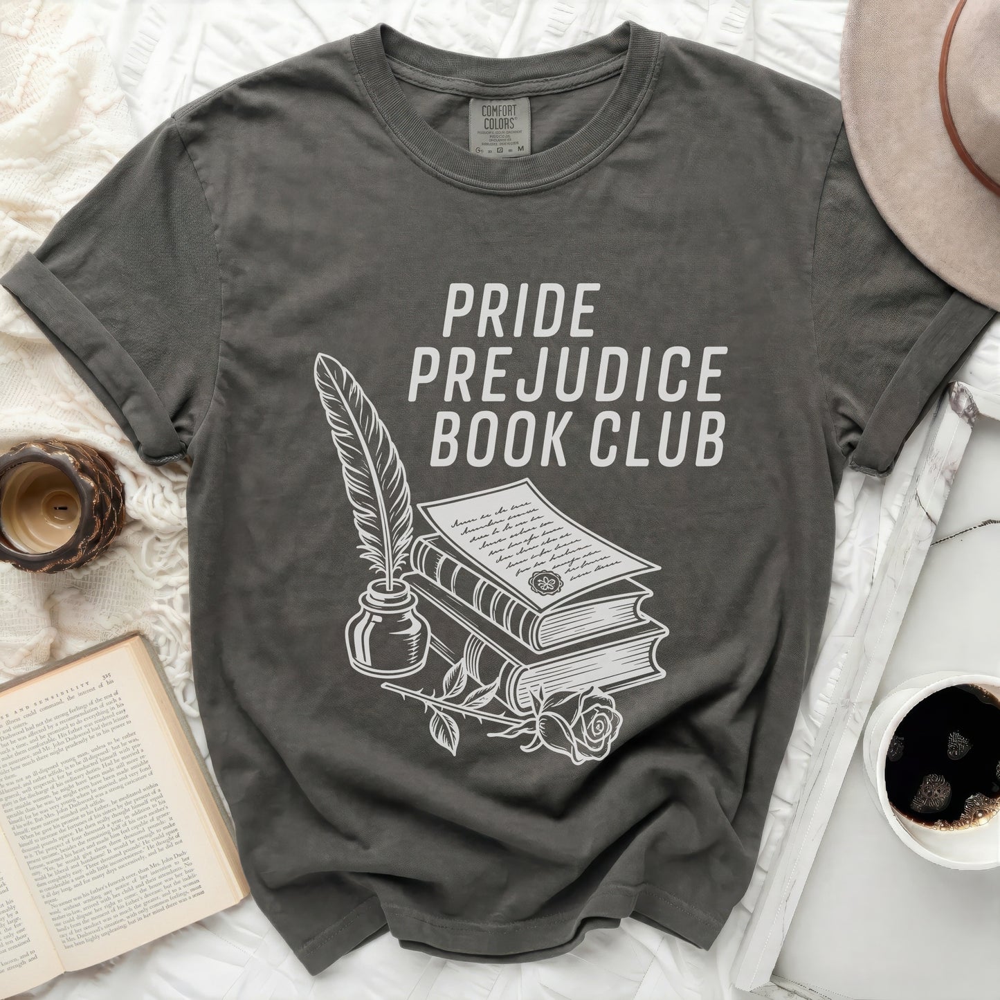 Pride and Prejudice Book Club graphic on a dark grey t-shirt.