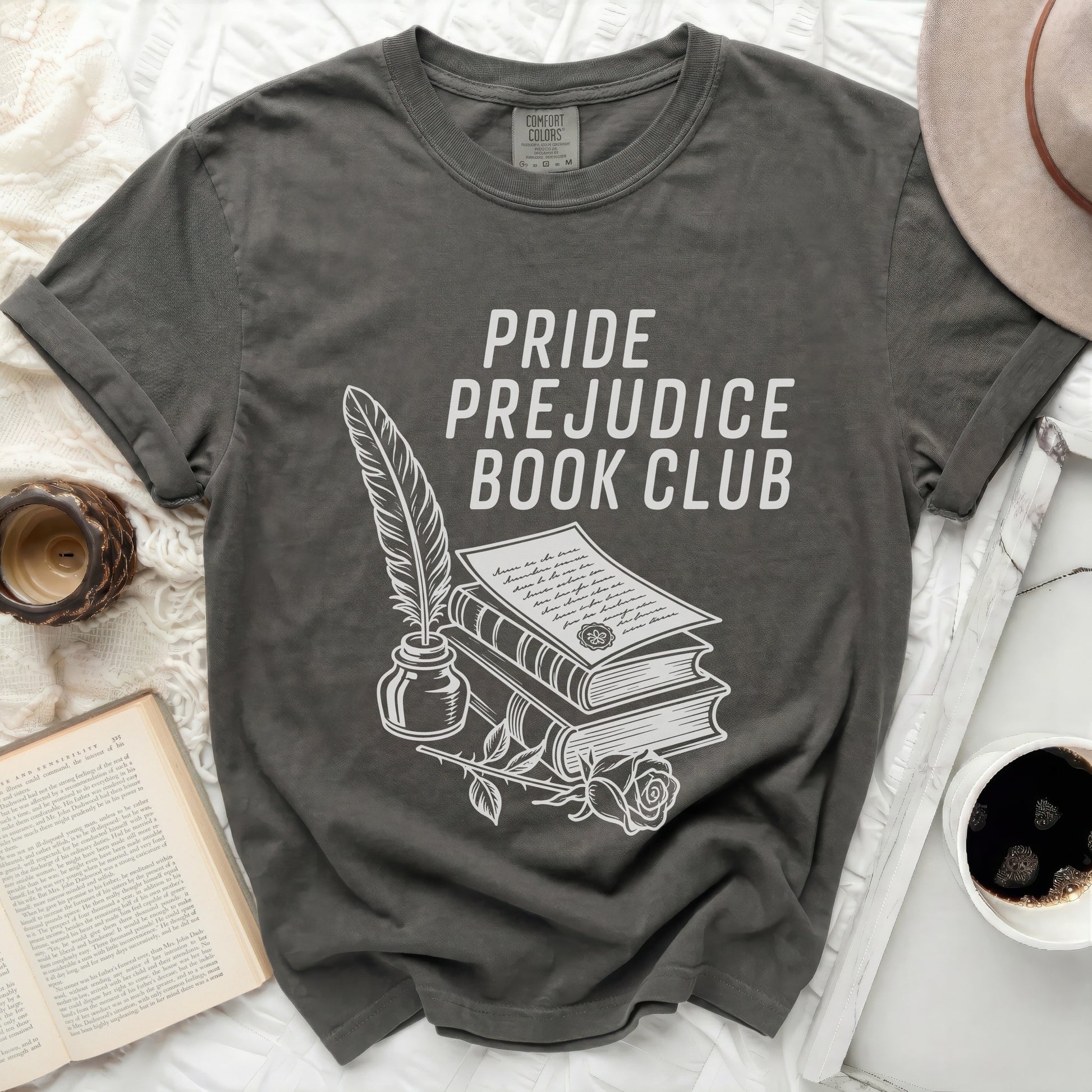 Pride and Prejudice Book Club graphic on a dark grey t-shirt.