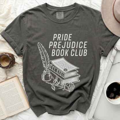 Pride and Prejudice Book Club graphic on a dark grey t-shirt.