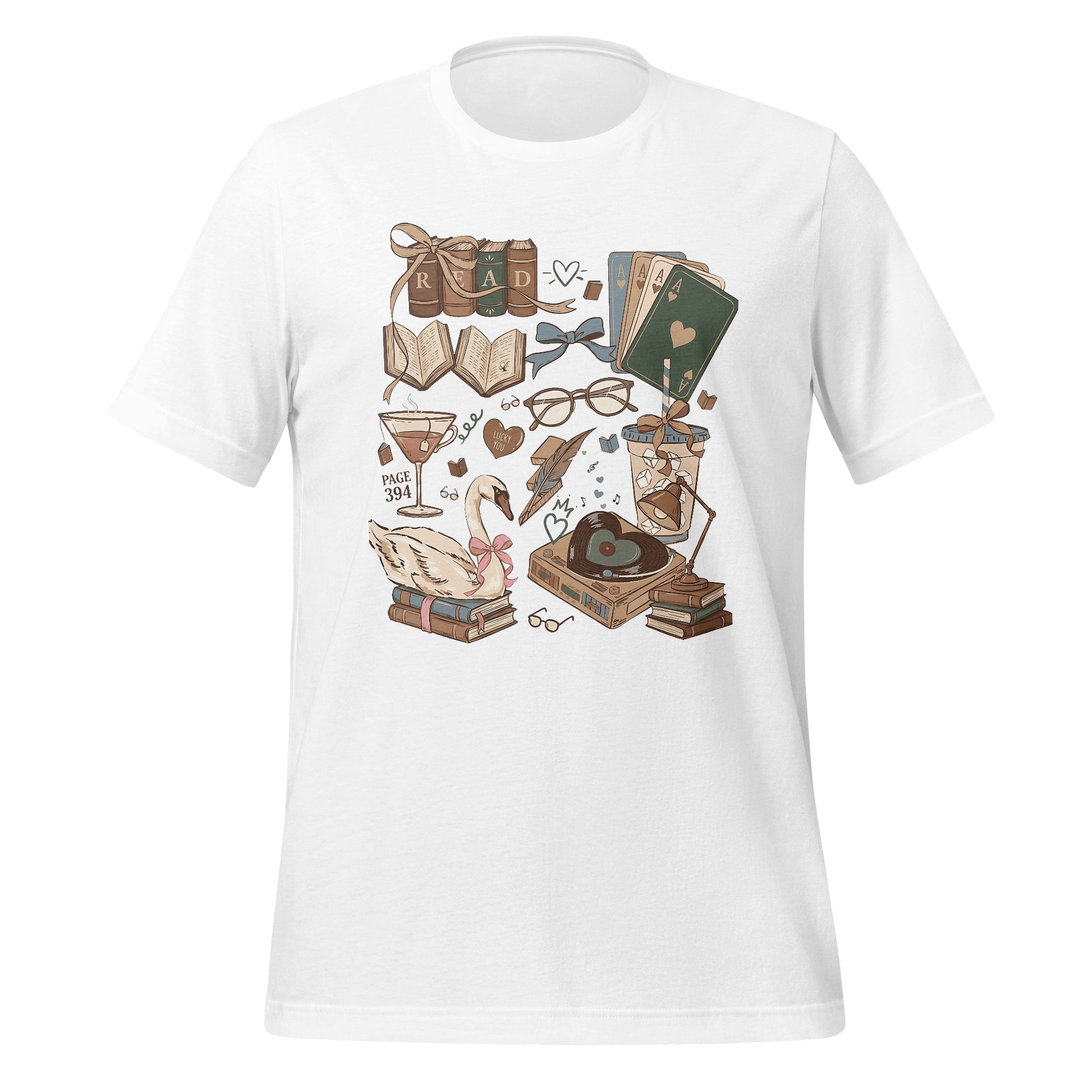 Vintage Books Glasses Swan and Records Print T-shirt