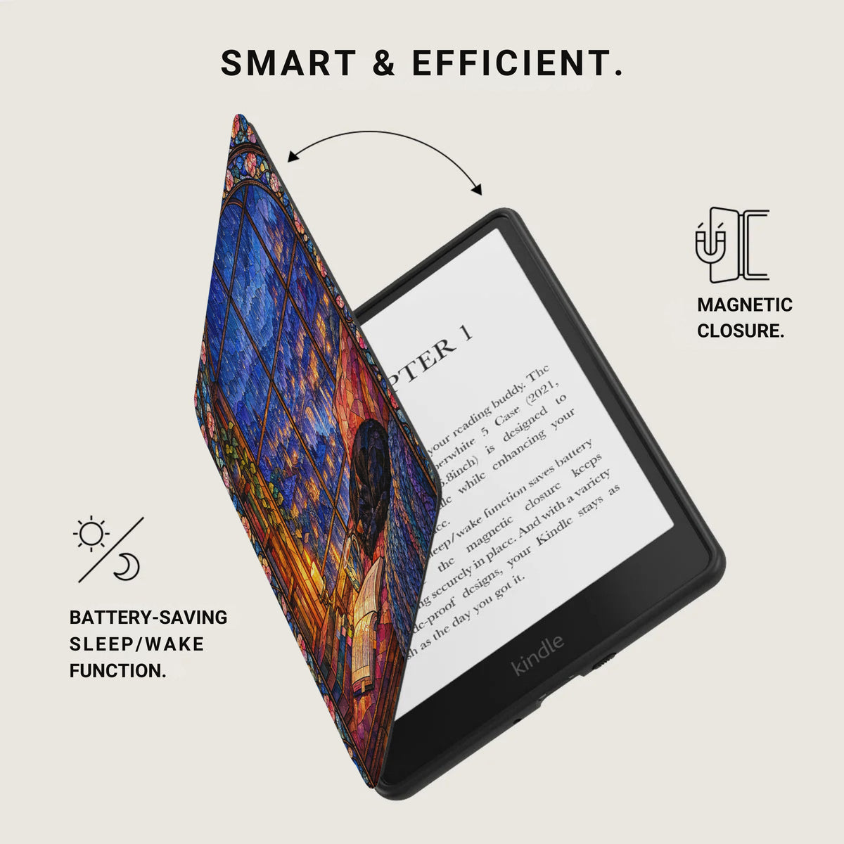 An e-reader in a colorful stained-glass patterned case, highlighting its magnetic closure and sleep/wake function.