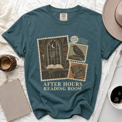 Teal t-shirt with "After Hours Reading Room" graphic of postage stamps.