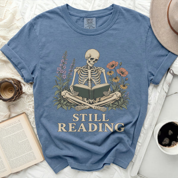 Still Reading Skeleton Tee in Blue Jean