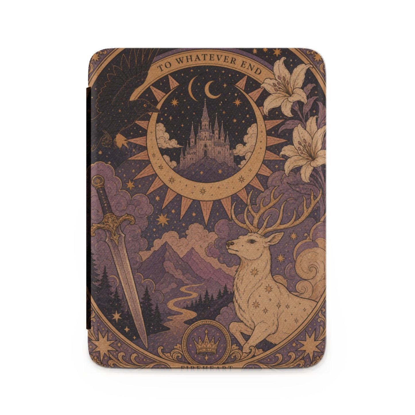 Deer, sword, castle, and crow illustration with text "TO WHATEVER END".