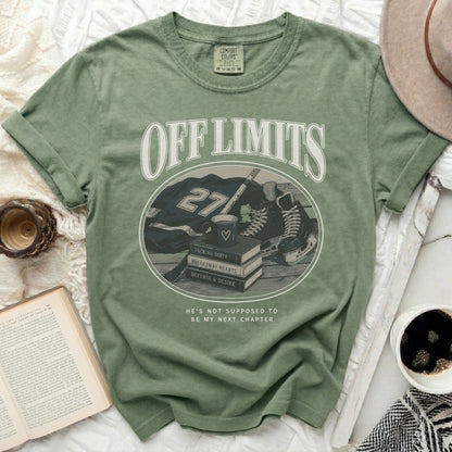 Green t-shirt with "OFF LIMITS" and hockey graphics.
