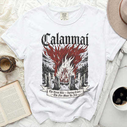 White t-shirt with "Calamai The Great Rite - Spring Court The Fire Must Be Fed" graphic.