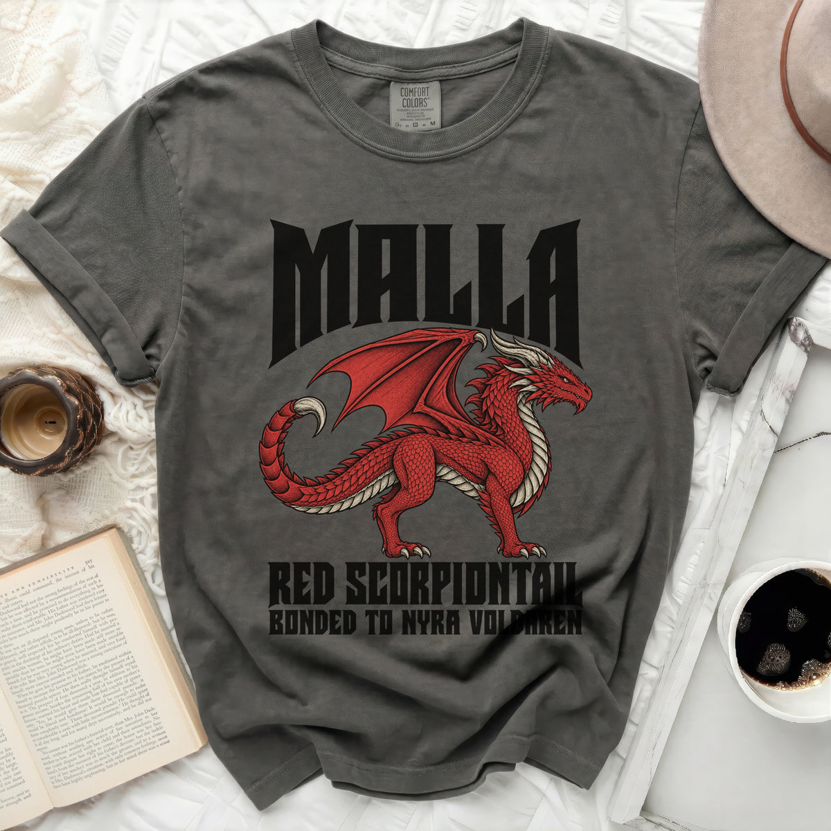 Malla shirt with red dragon graphic and text: Red Scorpiantail Bonded to Nyra Voldaren.