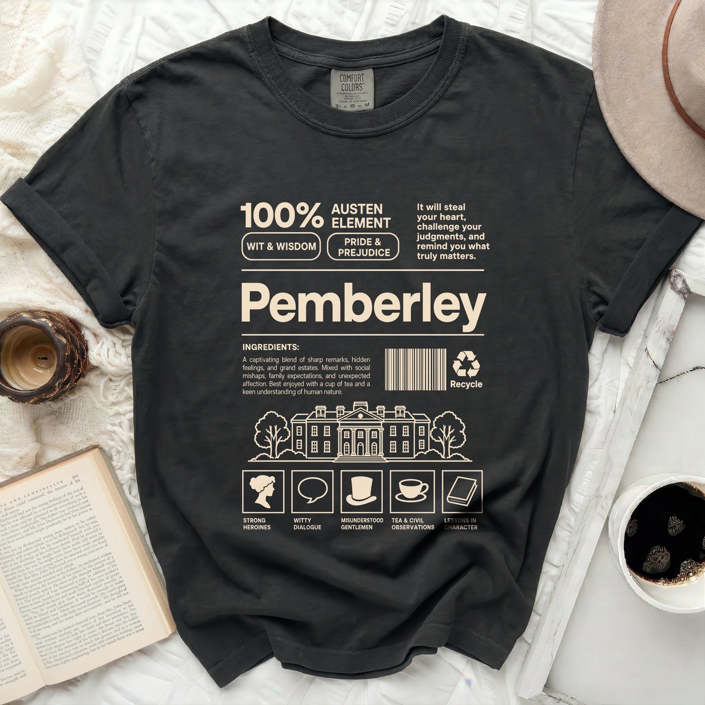 Black t-shirt with "Pemberley" and Austen Element ingredients list.